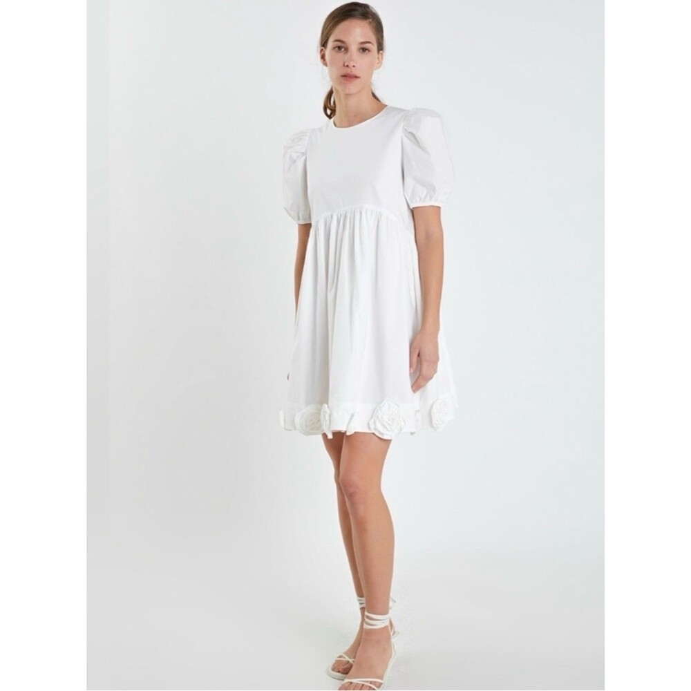 English Factory Corsage Dress White with Roses Hemline Cotton Mini Extra Small